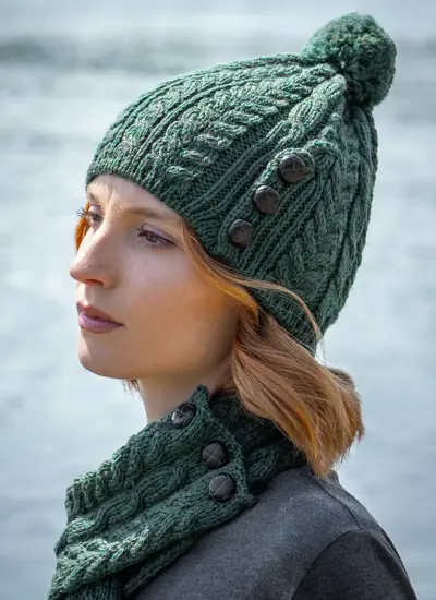Merino Aran Button Pom Pom Hat
